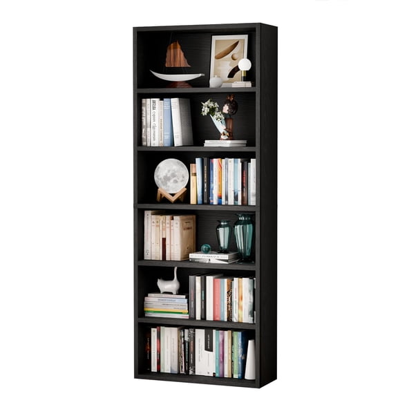 6-Tier Industrial Bookcase, 63 Inch Tall Freestanding Wood Bookshelf In Matte Black For Living Room, Bedroom, Home Office