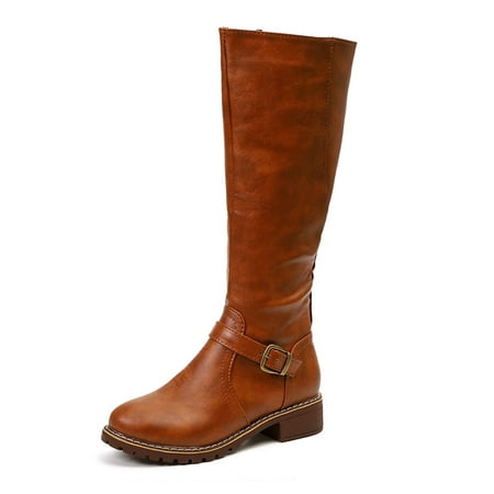 

Ymiytan Women s Low Heel Mid Calf Boots Retro Strap Buckle Closed Toe Knight Boots Comfy Combat Style Fall Warm Outdoor Western Shoes