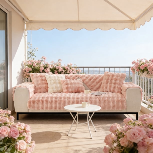 Cojines De Sofá De Poliéster Cojín de sofá de piel de conejo rosa de 70 x 120 cm, grueso, antideslizante, para sofá cama, manta cálida y acogedora (1 unidad) JASKFLY