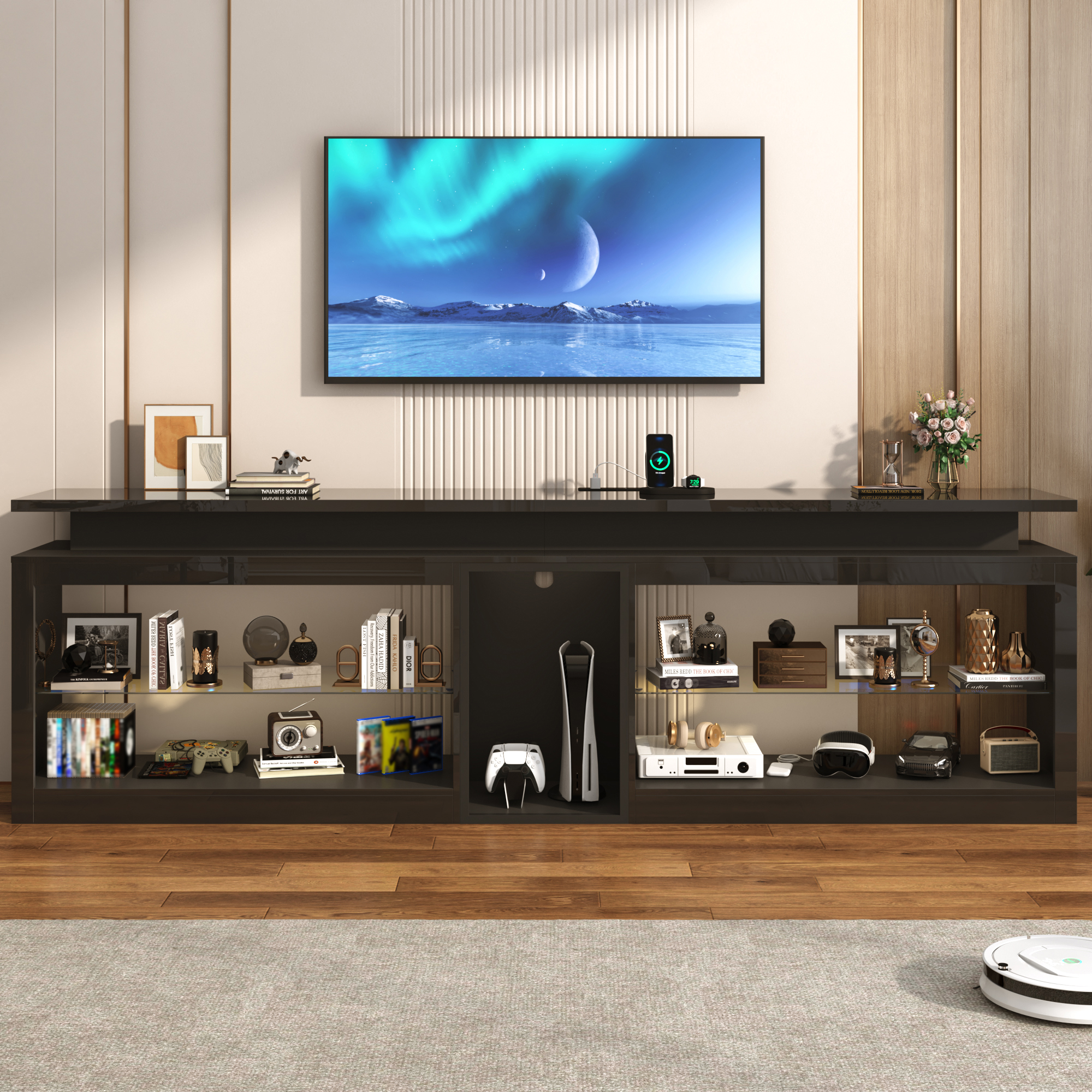 Chvans Modern LED TV Stand for TVs up to 115", High Gloss Black photo 5