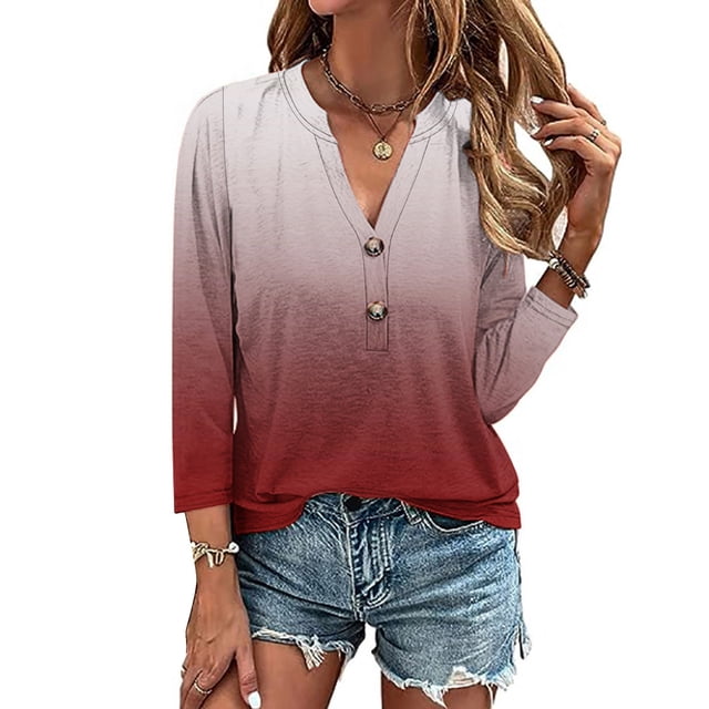 AOOCHASLIY Ladies' Clothes Clearances Womens 3/4 Sleeve V Neck Buttons Tee Gradient Color Blouse Loose Fit Tshirts Fall Tunic