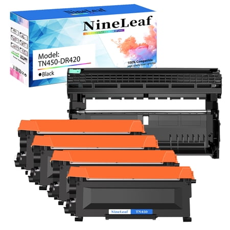NineLeaf (4 Toner, 1 Drum) TN450 TN-450 TN420 Toner Cartridge and DR420 DR-420 Drum Unit Set Compatible for Brother HL-2270DW HL-2280DW MFC-7860DW DCP-7065DN MFC-7360N MFC-7860DW Printer