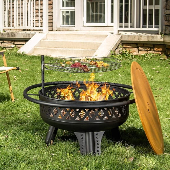32 Inch Outdoor Fire Pit with Swivel Grill and Metal Lid