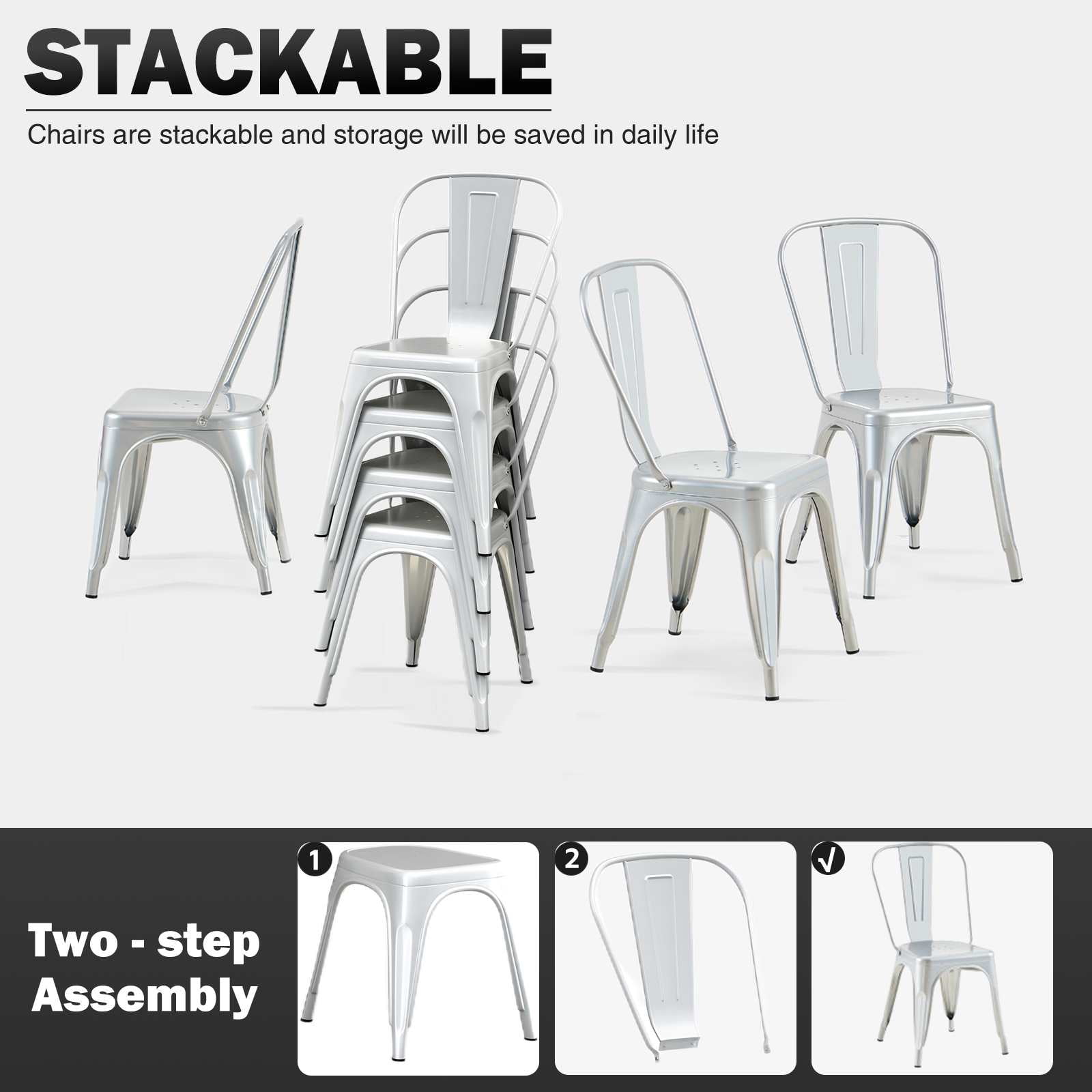 SOLEGGIATA Metal Dining Chairs Set of 4 Silver Outdoor Metal Chairs for Farmhouse Kitchen,Bistro,Dining Room,Patio Moonlight Silver Color