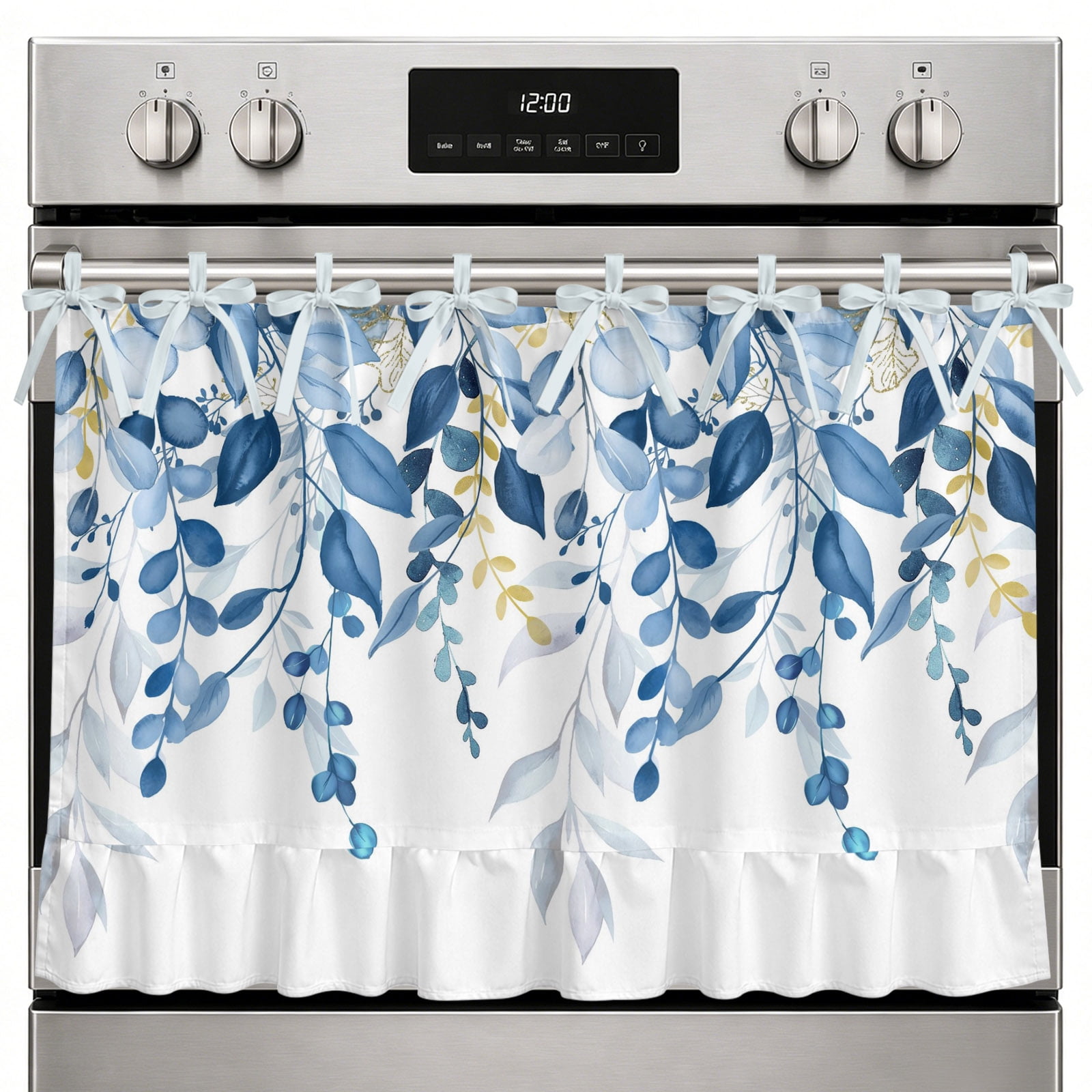 Oven Skirt Curtain for Kitchen Decor 21.5x30 Inch Blue Eucalyptus Tie Top Oven Curtain with Ruffle Trim Stove Cover Skirt for Dishwasher Cabinet Over Sink Watercolor Spring Weeping Botanical