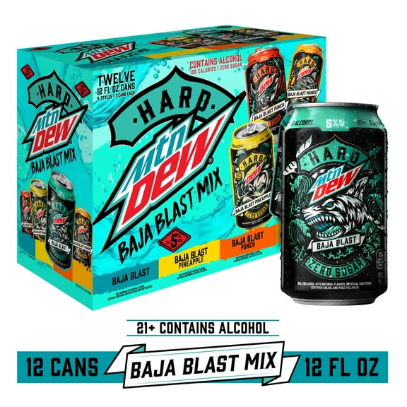 Hard Mountain Dew Baja Mix Variety, Malt Beverage, 12 pack, 12 fl oz Aluminum Cans, 5% ABV