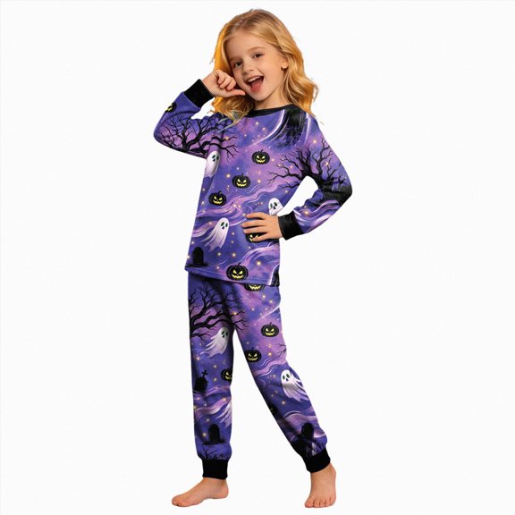 Zuwimk Halloween Girl Boys' Cartoon Cute Graphic Long Sleeve Pajama Set 2-Piece Winter Kids Sleepwear Loungewear,Y019-Sky Blue