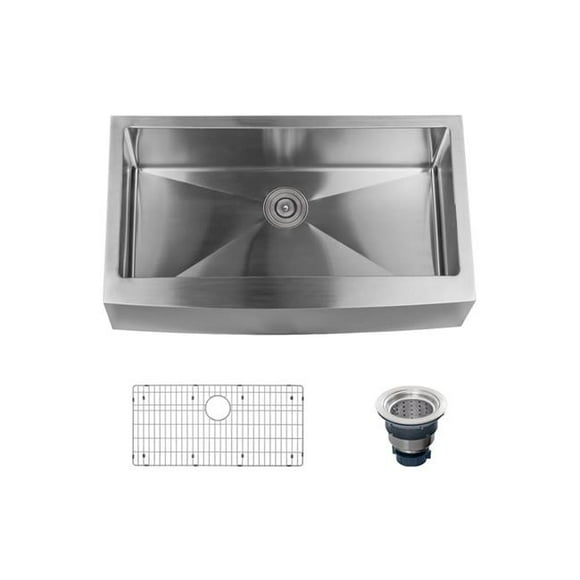 Miseno MNO163620F 36 in. Farmhouse Single Basin Stainless Steel Kitchen Sink with Apron Front Drain Assembly & Fitted Basin Rack