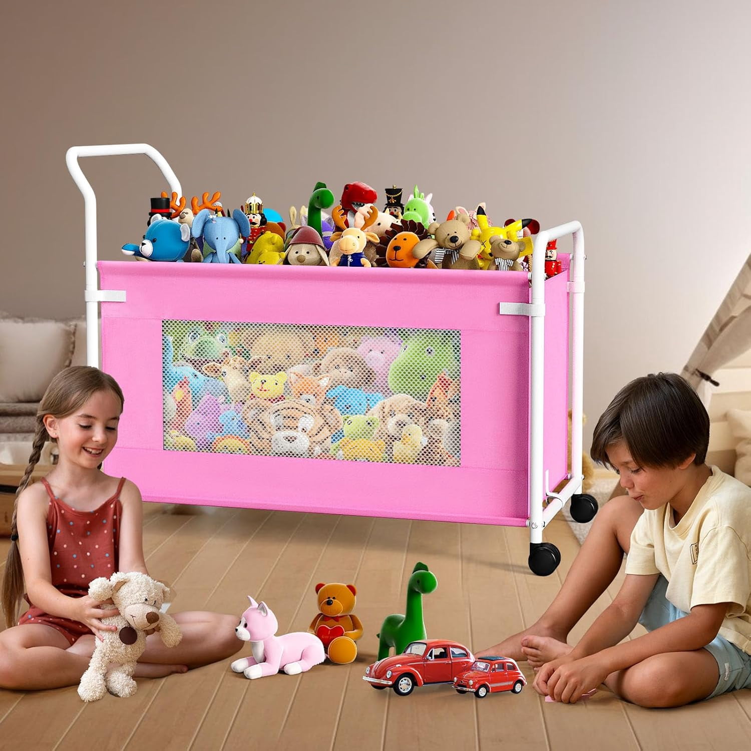 Extra Large Toy Box for Kids with 360° Rotating Wheels, Heavy Duty Toy Chest for Boys and Girls, Toy Storage Organizer for Kids, Toy Bins for Living Room, Nursery, Bedroom (Pink)