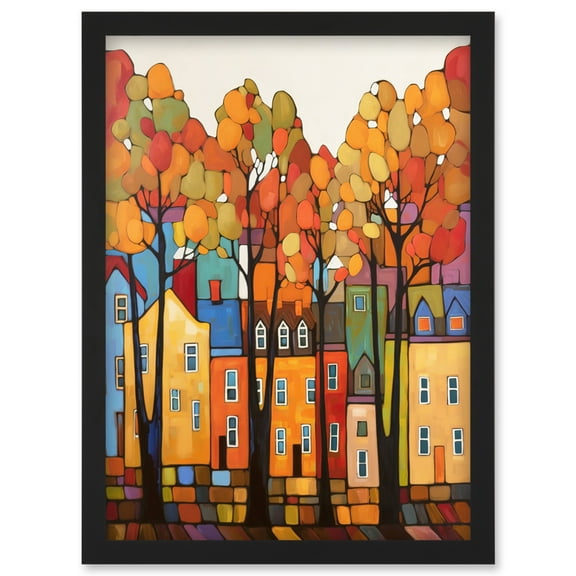 Multicoloured House Street In Autumn Contemporary Folk Art Painting Artwork Framed Wall Art Print A4