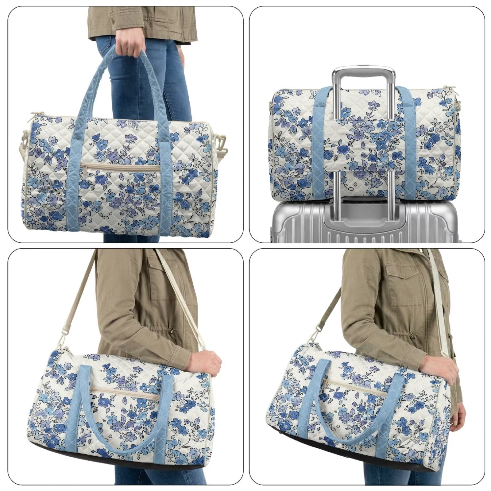 Garronmavis Blue Floral Large Quilted Duffle Bag for Women, Weekender Bag Carry On Travel Overnight Gym Dance Bag with Pockets, Lightweight Airline Approved Luggage Tote