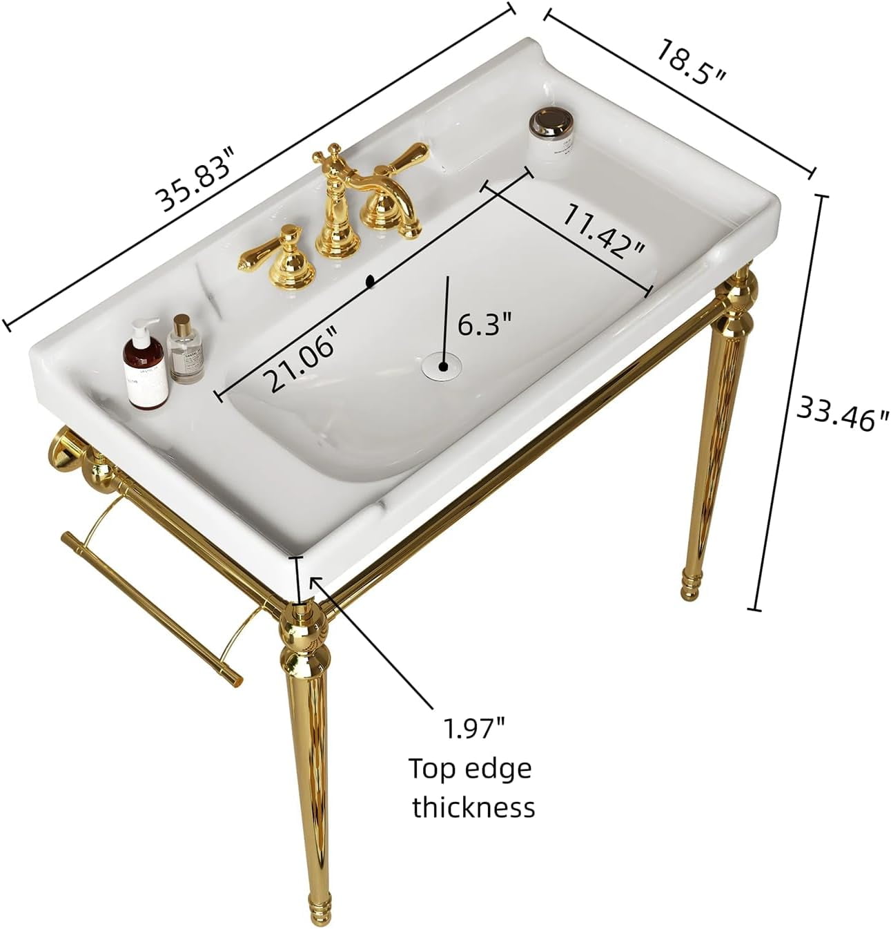 36"Console Bathroom Sink, Freestanding Console Sink With Stainless Brushed Gold Legs, Modern Bathroom Vanity with 3 Tap Holes