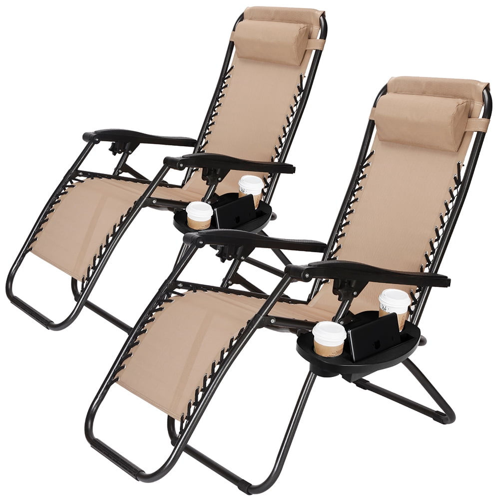 Veryke Zero Gravity Chair Set of 2, Adjustable Beach Chair Recliners with Cup Holder for Patio, Beige