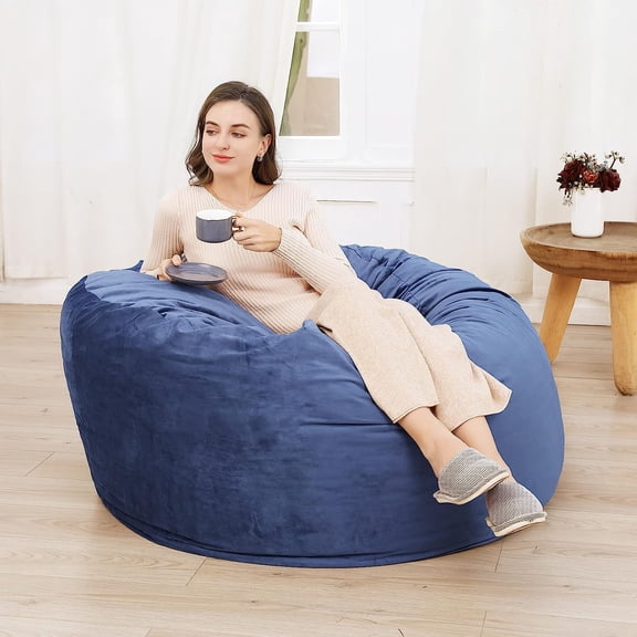 4 ft Bean Bag Chair, Memory Foam Bean Bag Chairs with Filling for Adults, Teens and Kids, Plush Lazy Sofa with Soft Velvet Cove for Living Roomr, Navy