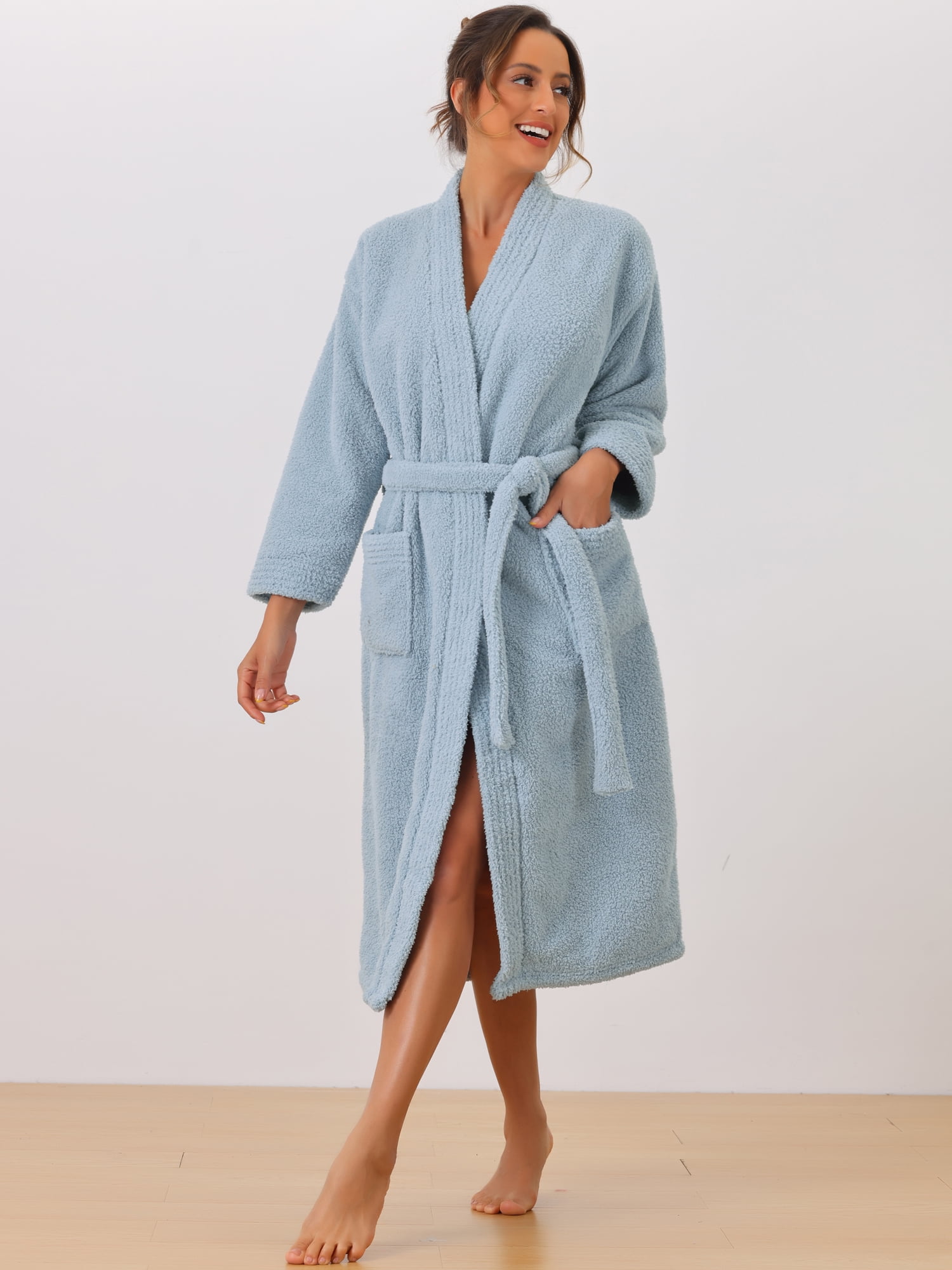 DARING DIVA Fuzzy Fluffy Plush Bathrobe for After Shower Spa Bath M Blue