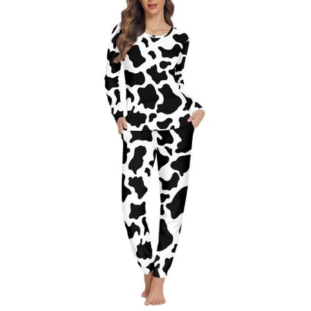 

Renewold Pajamas for Women Long Set Black & White Cow Print Sweatpants Scoop Neck Pullover Pajama Lingerie Casual Sleep Sleepshirts Size 6XL