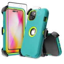 Xhy iPhone 14 Plus Case with Belt Clip Holster Screen and Lens Protector Military Grade Heavy Duty Shockproof Armor Detachable for iPhone 14 Plus 6.7 inch 2022 Phone -Green Yellow