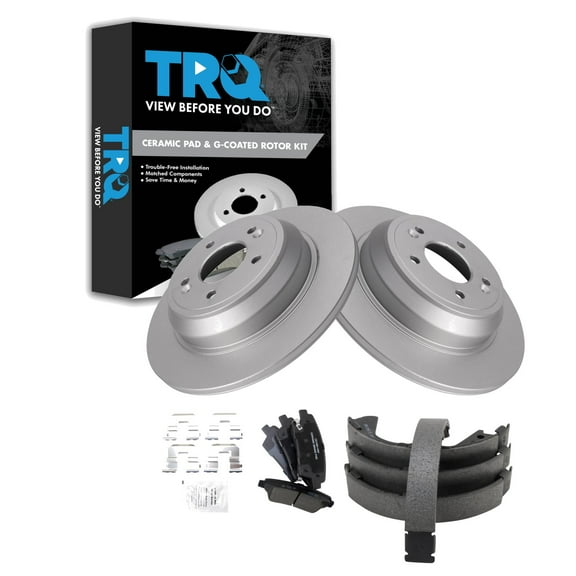 TRQ Rear Brake Pad & Rotor Kit Brake Pads Brake Rotor Parking Brake Shoe Set Ceramic Premium G-Coated Fits Select 2016-2017 Kia K900