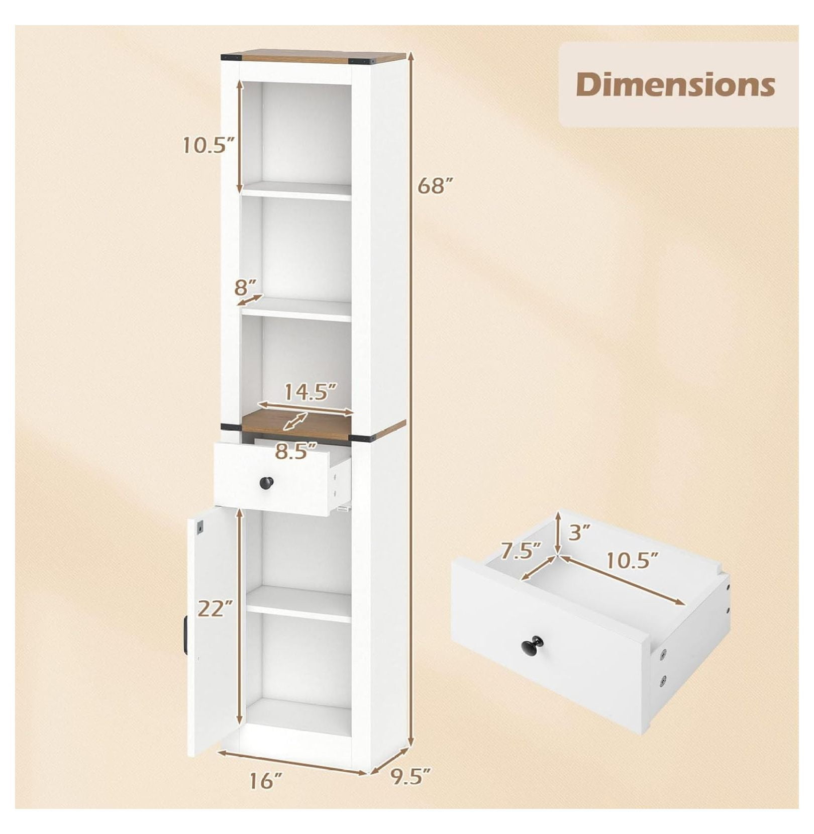 68” Tall Bathroom Cabinet with Barn Door, Narrow Slim Storage Organizer Unit with Drawer & Adjustable Shelf, Rustic Farmhouse Floor Cabinet for Laundry Room, Living Room, Kitchen