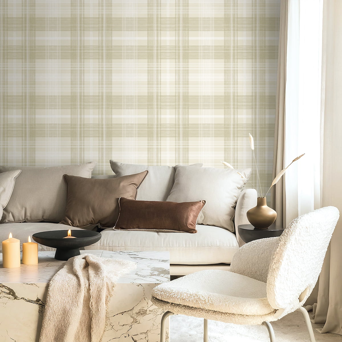 Stacy Garcia Home Sand Dollar Crossroads Plaid Peel and Stick Wallpaper - 20.5 in. W x 10 ft. L Roll