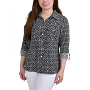 NY Collection 3/4 Sleeve Roll Tab Notch Collar Blouse