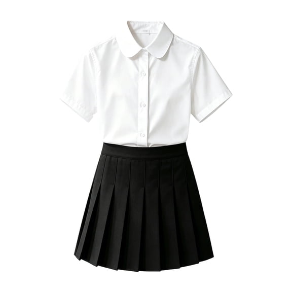 SROBPTY Teen Girls Summer Uniforms Set Solid Collared Short Sleeve Button Top Skirt