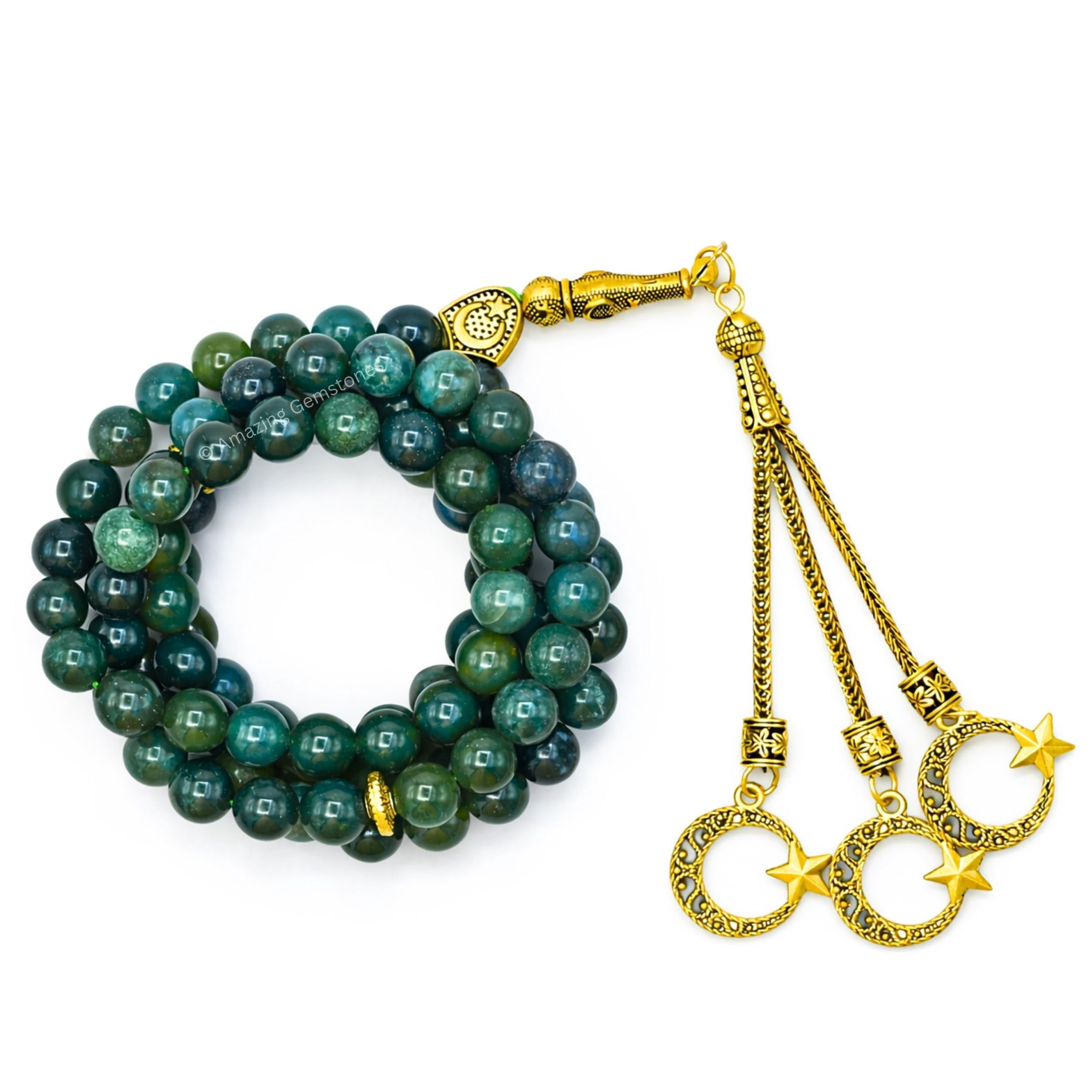 Moss Agate Crystal Tasbeeh Prayer Beads, Muslim Islamic Tasbih for Dhikr, Namaz and Ramadan Gift (Golden)