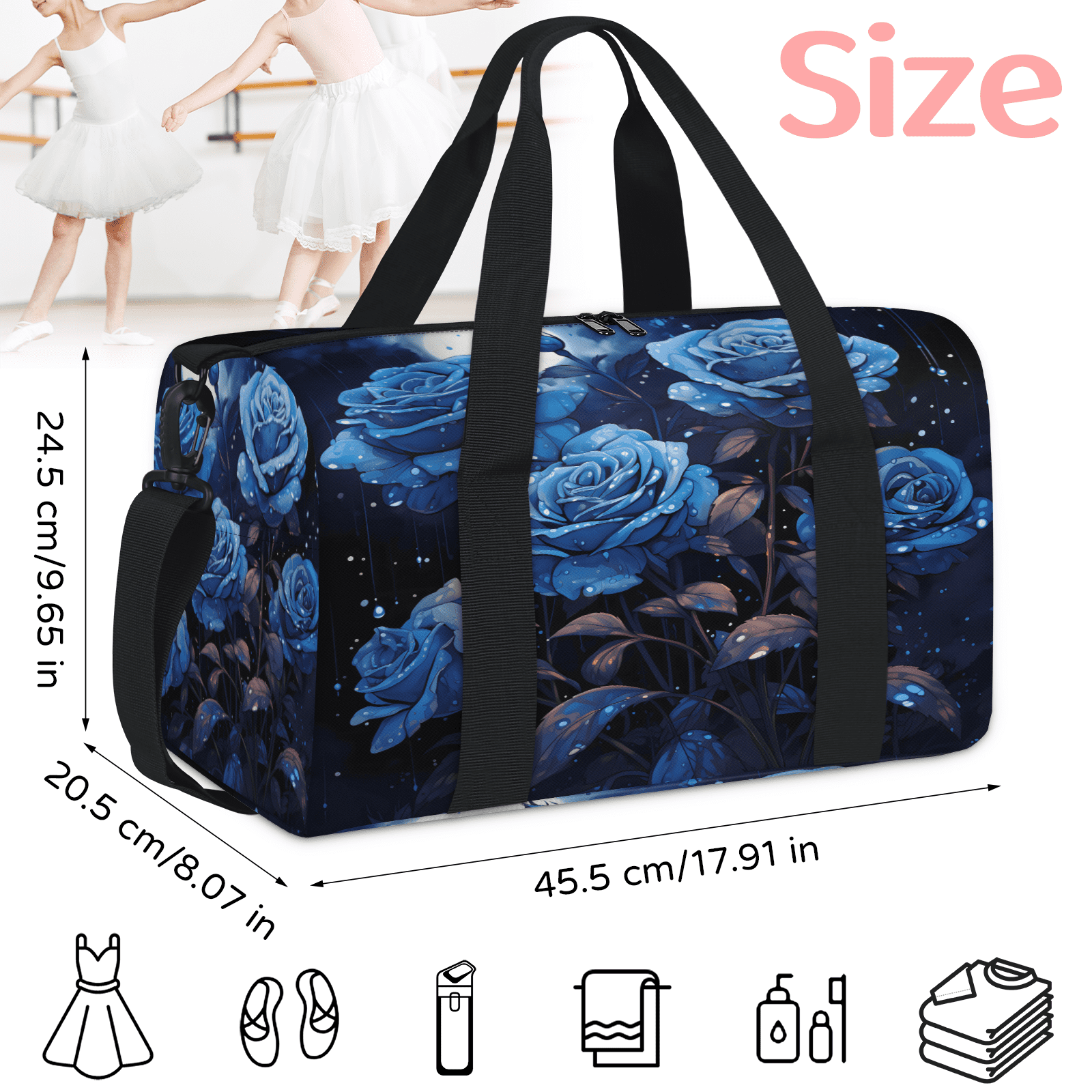 Herdesigns Blue Flower Travel Duffle Bag Sports Yoga Weekender Overnight Carry on Workout Bags Lightweight Waterproof Gym Tote Bag for Women