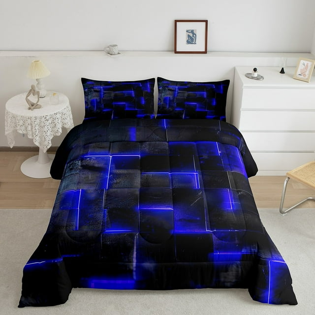 YST Royal Blue and Black Comforter Set King,3D Geometric Checkered Bedding Set for Boys Girls,Abstract Neon Square Comforter Set Reversible,Stereoscopic Geometry Grid Quilt Bed Set 3Pcs