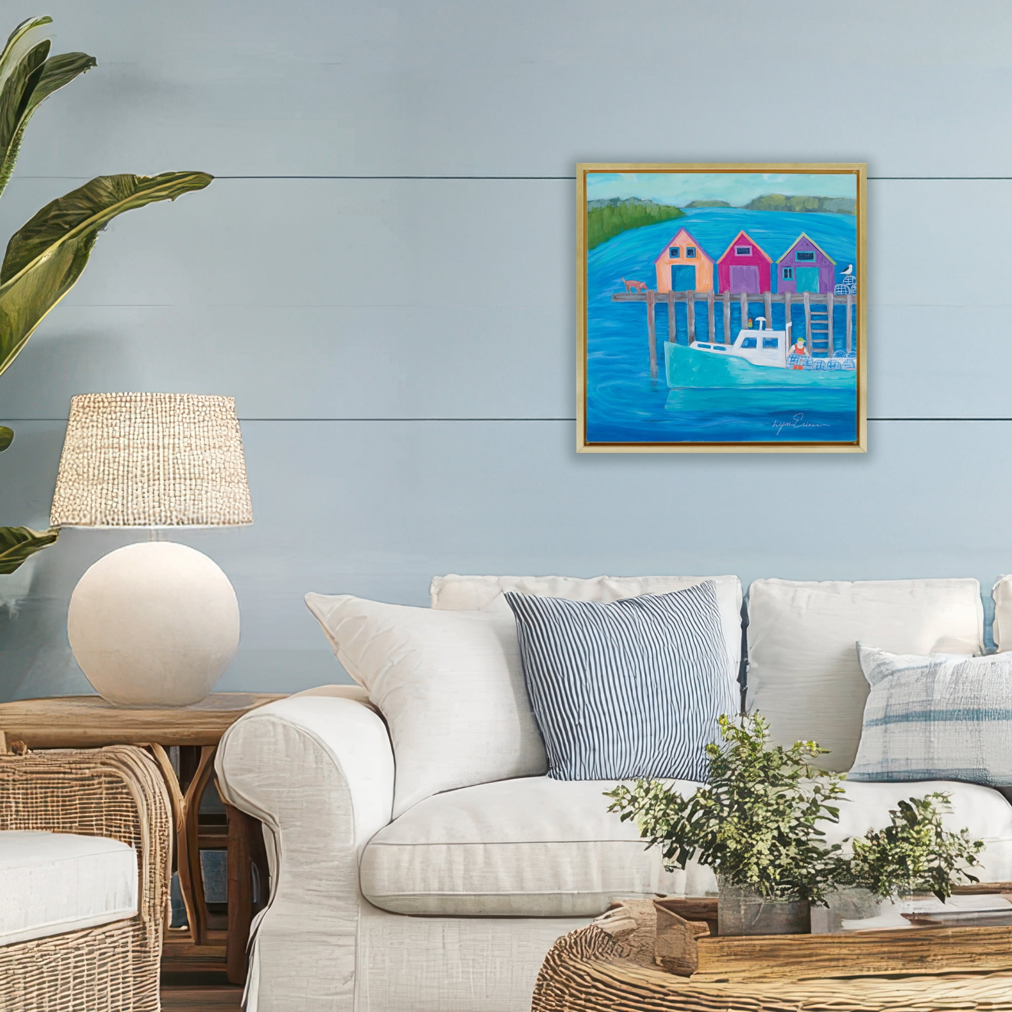 Stupell Industries Work Day at Seaside Village Gold Framed Floater Canvas Wall Art, design by Lynn Ericson Fine Art