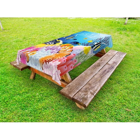 

Fish Outdoor Tablecloth Water Life with Different Kind of Fishes Coral Reefs and Sponges Kids Nursery Theme Decorative Washable Fabric Picnic Tablecloth 58 X 104 Inches Multicolor by Ambesonne