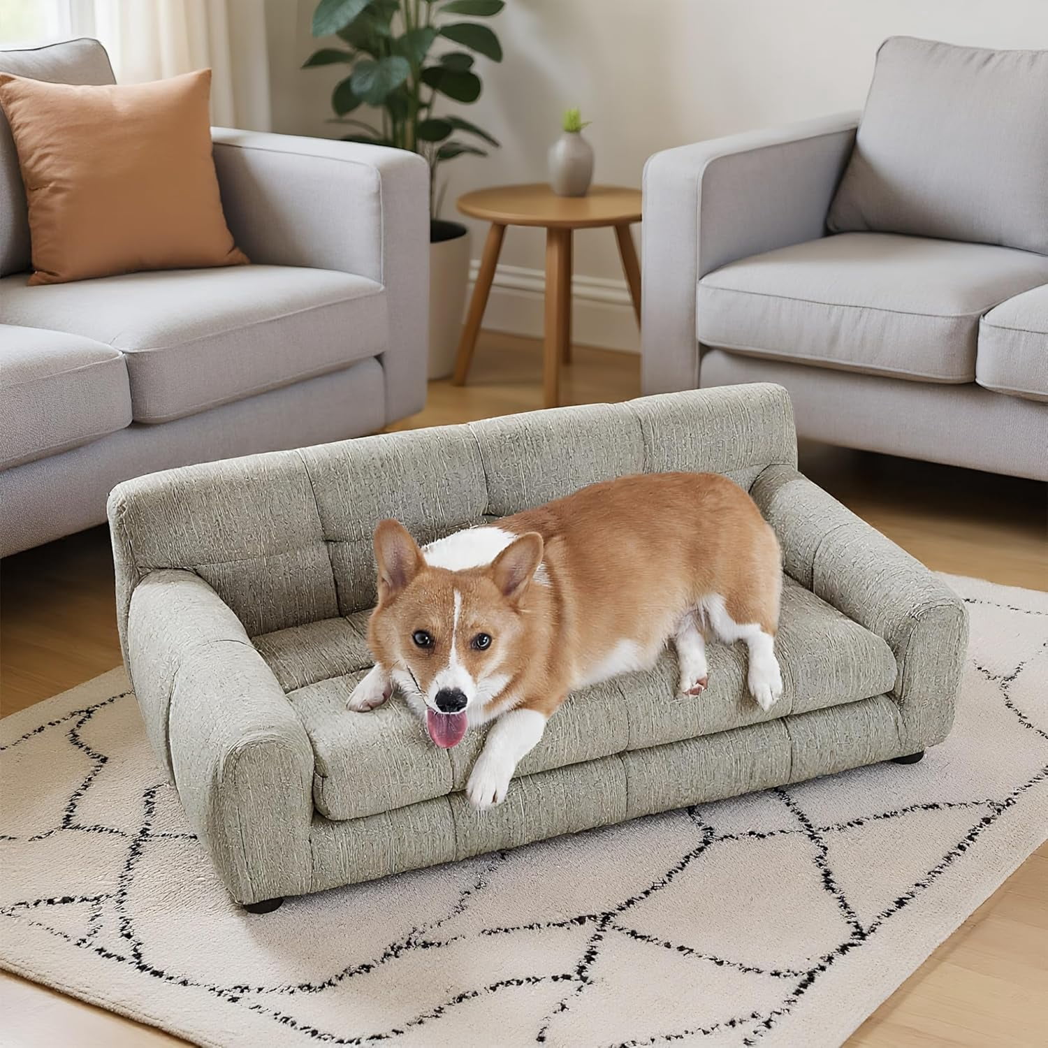 38" Dog Sofa Bed, Elevated Dog Bed with Backrest and Armrests, Soft Memory Foam Couches for Small and Medium-Sized Pets, Durable Linen Pet Couch Furniture, Beige