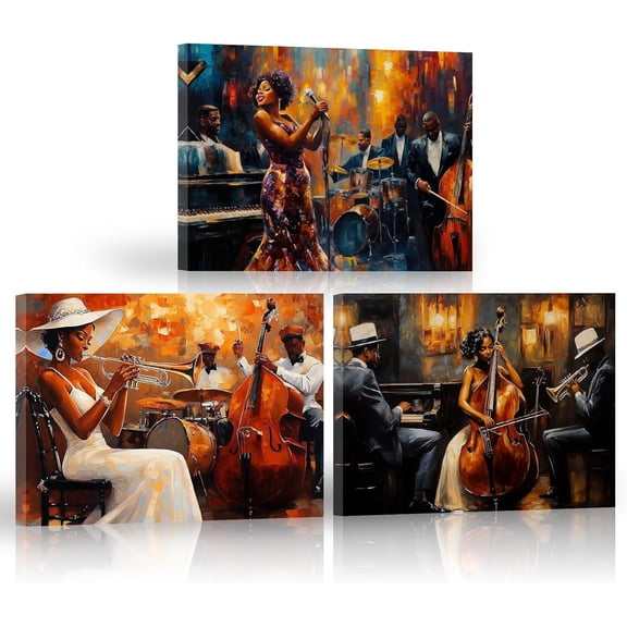 ZHONGYUTONG Jazz Canvas Wall Art 3 Pieces Black Woman Music Pictures African American Jazz Painting for Musical Classroom Room Bar Decor Framed (11.00" x 14.00" x 3PCS)