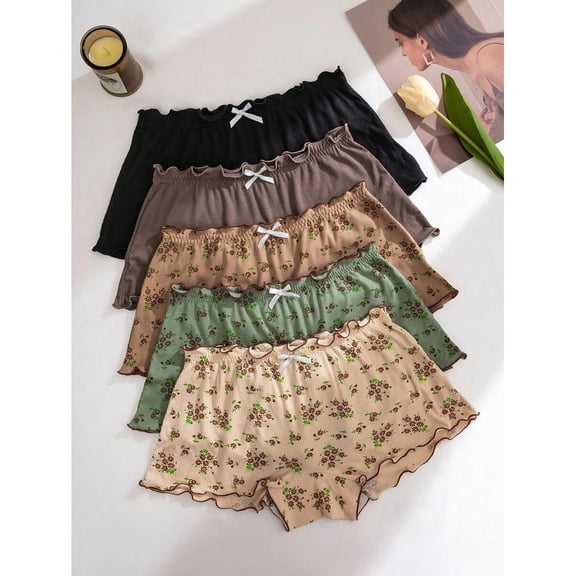 Floral Print Ruffle Trim Boyshort Panties 5-Pack Multicolor