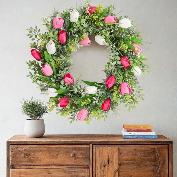 Couronne de Fleurs Printanières pour Porte D'Entrée - Tulipes et Fougères Réalistes, Décoration de Porche Extérieur, Guirlande Florale, JKODE