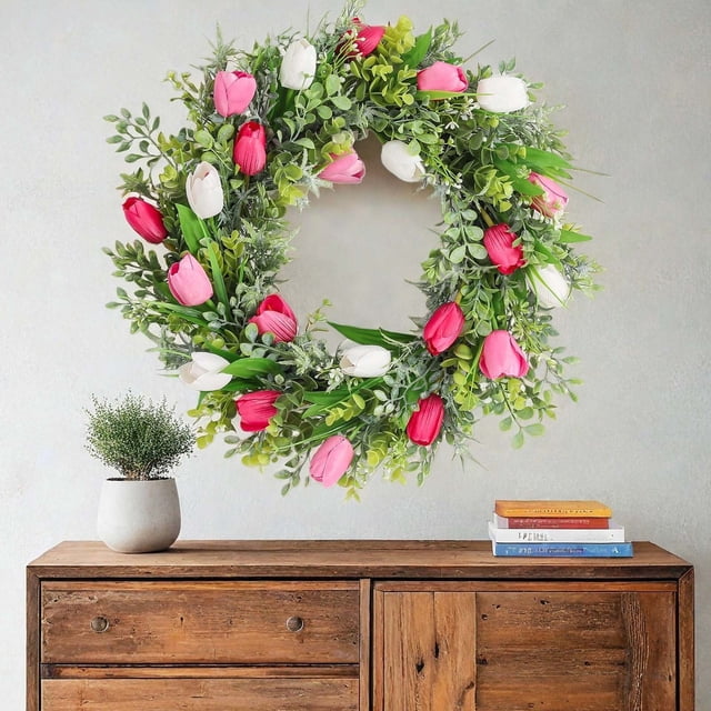 Spring Decor,Front Door Fragrant Flower Garland 3D Solid Filling Lifelike Tulip Fern Low-Maintenance Easy Cleaning,Festive Decor for Fireplace Wedding Bedroom Office Restaurant Spring Decors