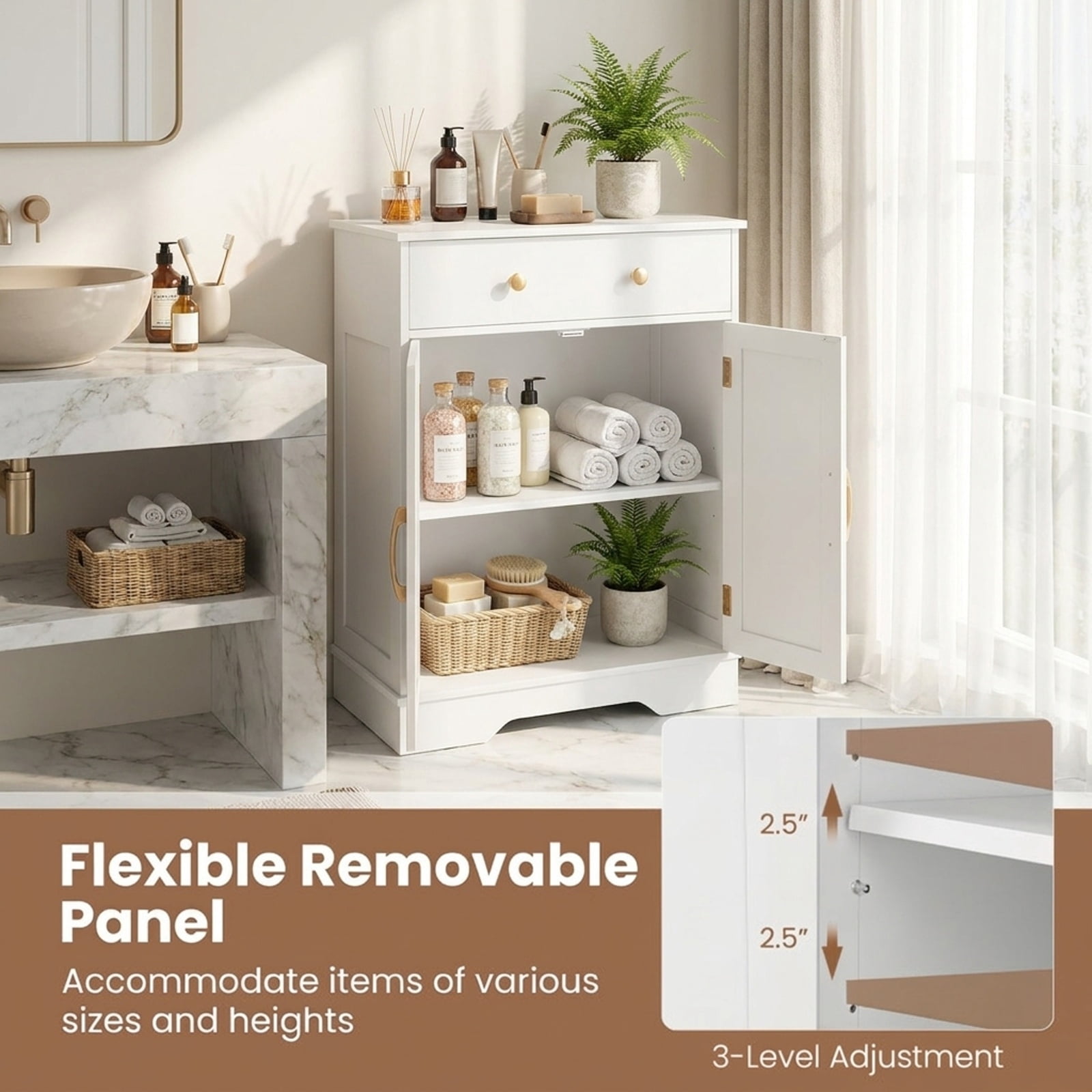 Vebreda Freestanding Floor Storage Cabinet with 2 Doors, Drawer & Adjustable Shelf, Modern Buffet Sideboard Organizer with Gold Knobs for Bathroom Living Room Dining Room, White