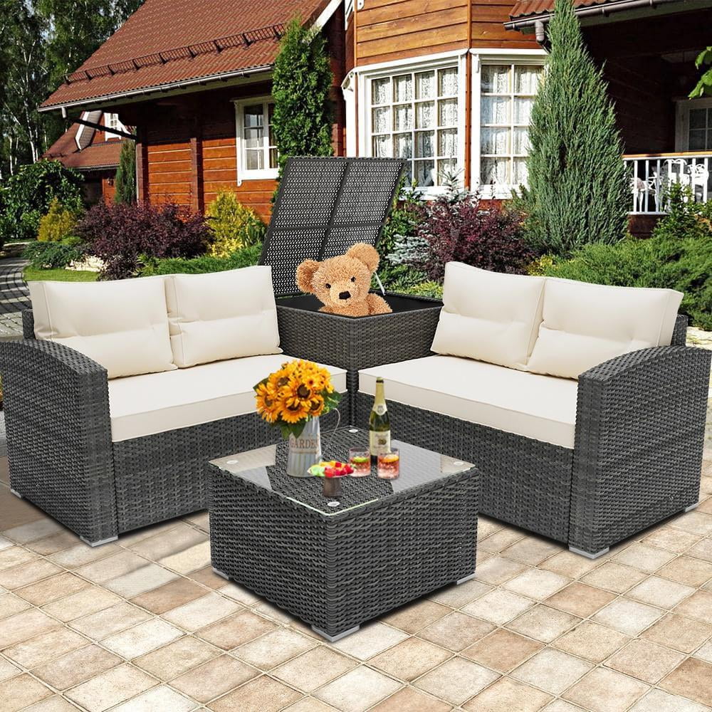 Rattan Patio Sofa Set, 4 Pieces Outdoor Sectional Furniture, All-Weather PE Rattan Wicker Patio Conversation, Cushioned Sofa Set with Glass Table & Storage Box for Patio Garden Poolside Deck