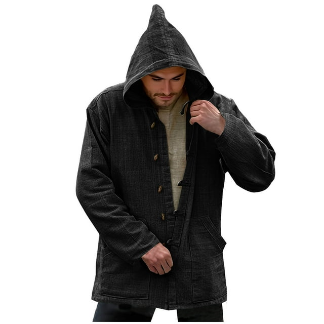Birdeem Hooded Trench Coat Menmen Spring and Fall Solid Pocket Button Hooded Top Casual Coat