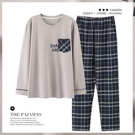 

DanceeMangoo Mens Pajamas Set Autumn Winter Leisure Elastic Waist Men Sleepwear Set Cotton Mens Long Sleeve Nightwear Boys Loose Homewear