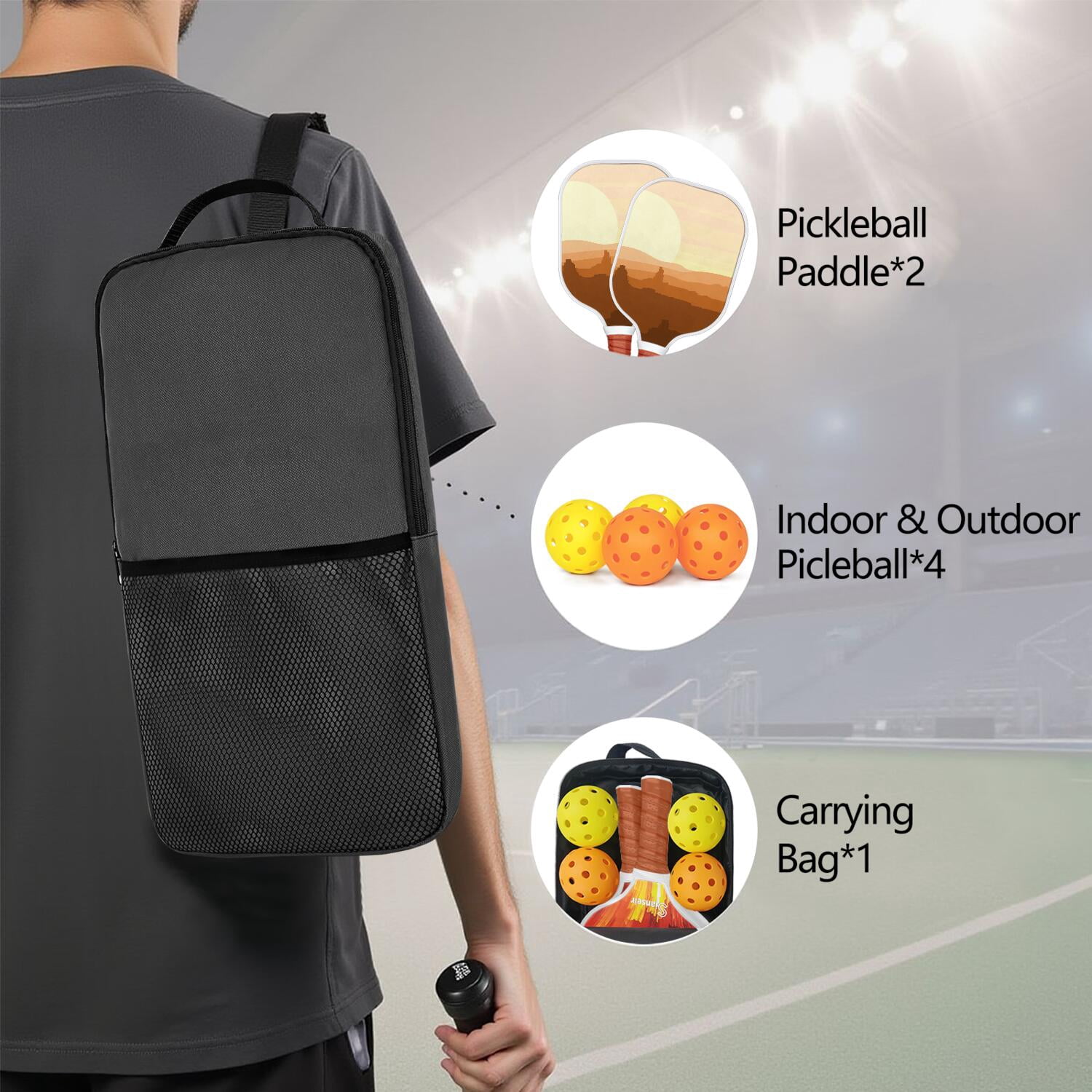 Pickleball Paddles Set Of 2, Fiberglass Surface, West & Cowboy Print, 4 Balls & Bag
