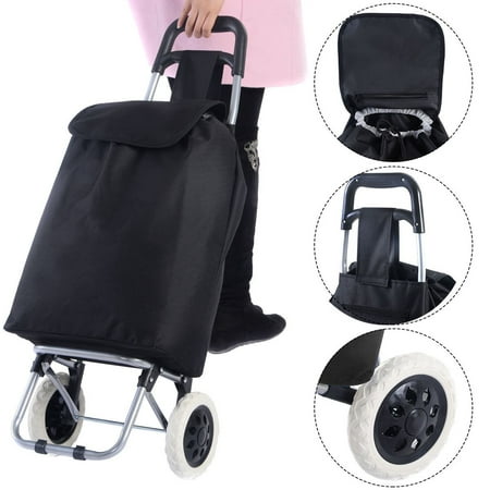 Black Large Capacity Light Weight Wheeled Shopping Trolley Push Cart Bag Waterproof Oxford Fabric Heavy Load Steel Frame Construction Easy Grab.., By
