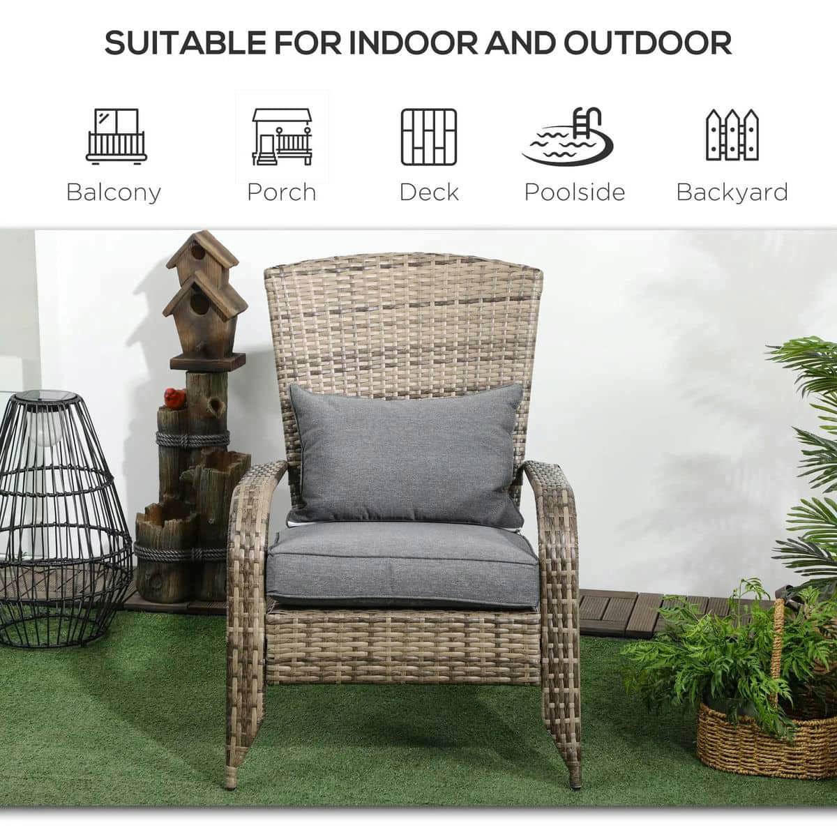 Spaco Patio Wicker Adirondack Chair with Soft Cushions, Outdoor All-Weather Rattan Fire Pit Chair with Tall Curved Backrest and Comfortable Armrests for Outdoor as Backyard, Lawn, Garden, Tan&Gray