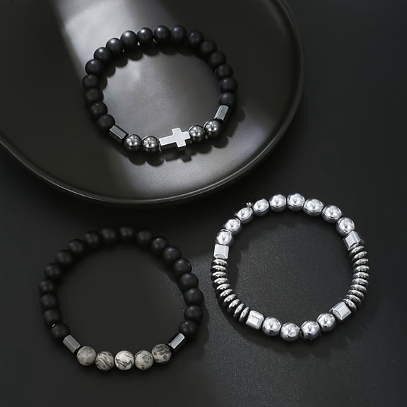 3pcs Trendy Men's Bracelet Set with Classic Stone Cross Pendant & Matte Beads - Versatile Fashion Jewelry Gift Kit,Silver