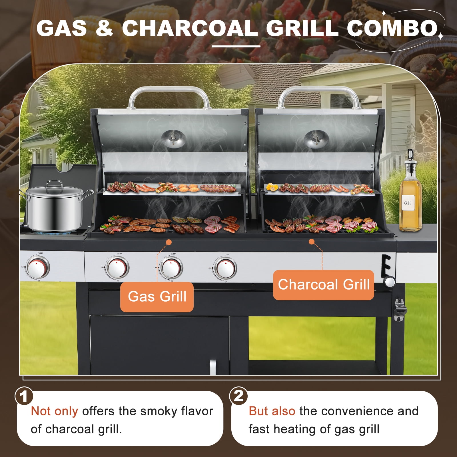 Nice Cooker Gas and Charcoal Combo Grill with Side Burner, 37,230 BTU Outdoor BBQ Grill with Porcelain-Enameled Cast Iron Grates and Plate, Thermometer, Storage Cabinet Rack for Outdoor Patio, Garden