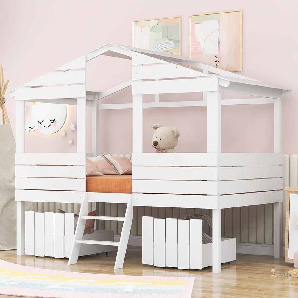 Kadyn kids Bunk Loft Bed with Two Drawers, Windows and Roof Design, White Kadyn kids Bunk Loft Bed with Two Drawers, Windows and Roof Design, White