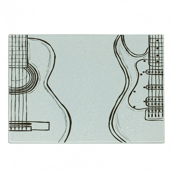 Guitar Cutting Board, Hand Drawn Monochrome Doodle Illustration of Instruments of 2 Kinds Music, Decorative Tempered Glass Cutting and Serving Board, Small Size, Dark Brown White, by Ambesonne
