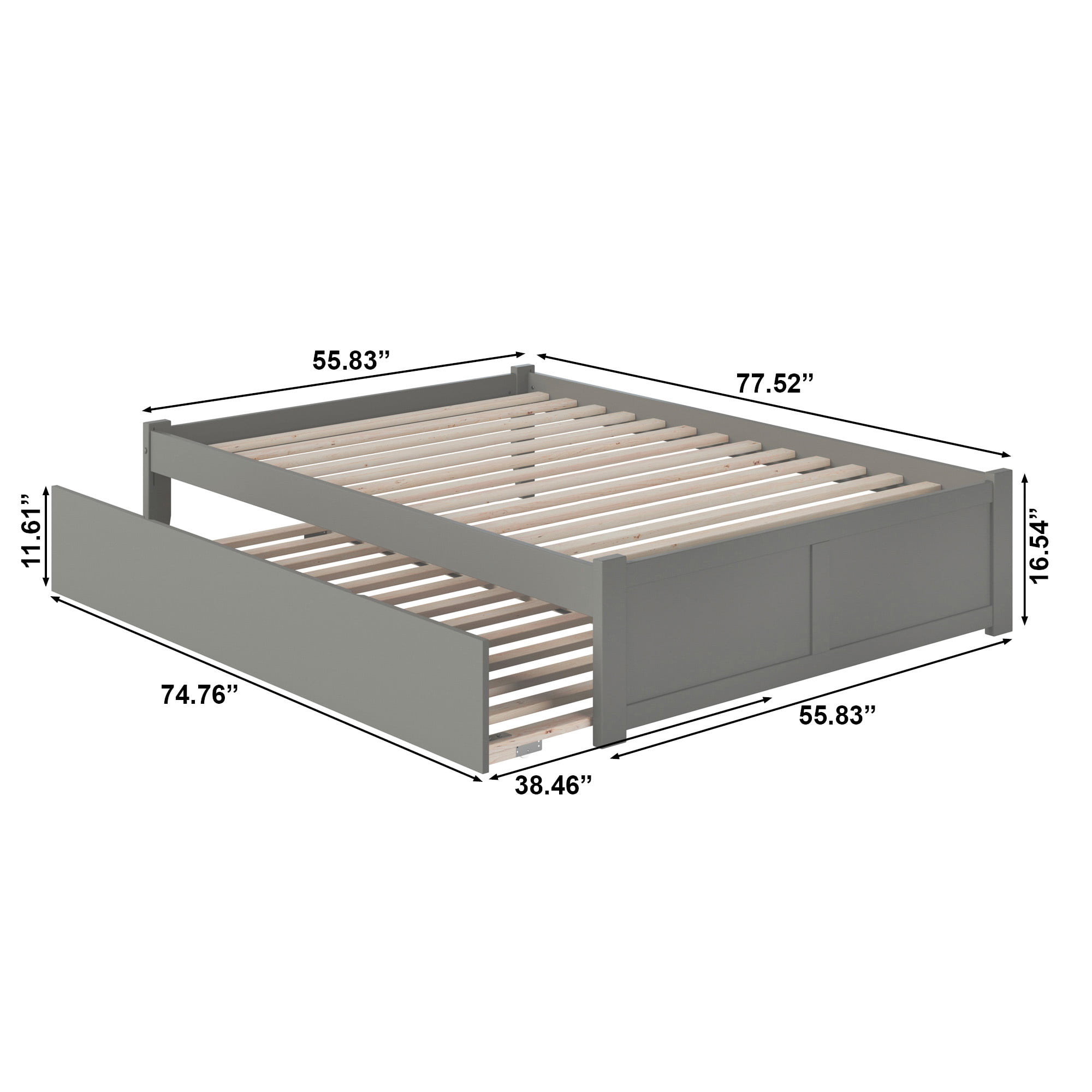 AFI Concord Full Solid Wood Platform Bed with Footboard & Twin Trundle, Grey