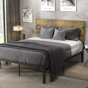 NextFur Queen Size Rustic Industrial Platform Bed Frame with Wood headboard and Metal Slats