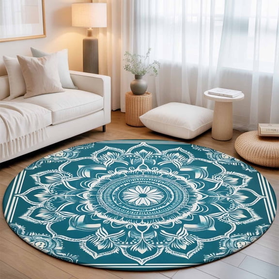 Round Area Rugs 4Ft, Teal Boho Non-Slip Washable Circle Rugs Carpet, Ethnic Chic Rustic Abstract Floral Aesthetic Indoor Outdoor Rug Floor Mats Throw Runner for Bedroom Living Room Bathroom